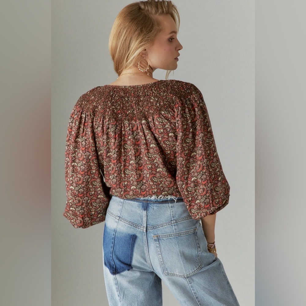 Lucky Brand Floral Printed Smocked Peasant Blouse Top - Picture 13 of 14